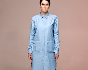 Oversized cotton shirtdress with large pockets, Midi shift collared blue red dress women, Long sleeve Button down Dress TAVROVSKA