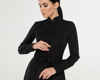 High neck black dress long sleeve, Mandarin collar dress, Fit and flare dresses for women, Midi modest elegant office dress formal TAVROVSKA