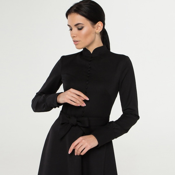 High neck black dress long sleeve, Mandarin collar dress, Fit and flare dresses for women, Midi modest elegant office dress formal TAVROVSKA