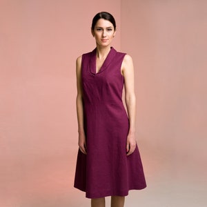 Purple Linen Dress sleeveless, Shawl collar summer dress for wedding guest, Midi dresses for women, Fit and flare dress pockets