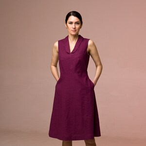 Purple Linen Dress sleeveless, Shawl collar summer dress for wedding guest, Midi dresses for women, Fit and flare dress pockets