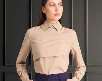 Beige High Neck Blouse, Elegant Long Sleeve Cape Blouse