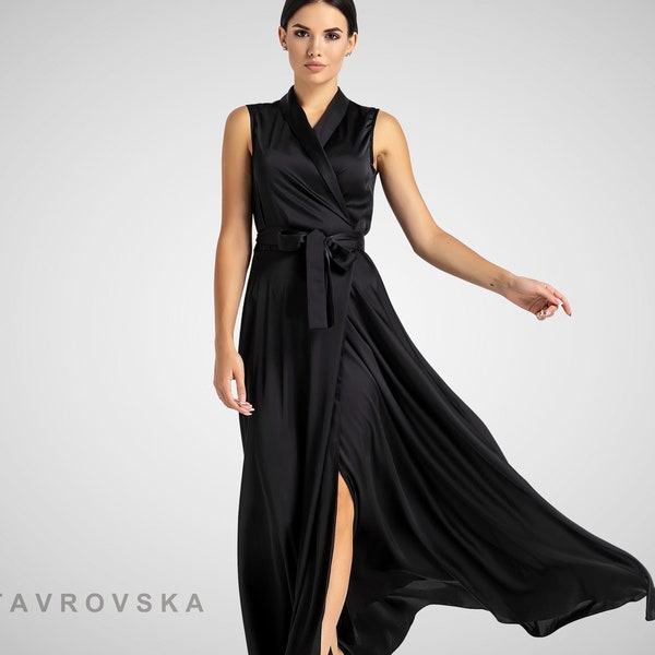 Robe d'invité de mariage noire, longue robe de cocktail portefeuille, robes de cérémonie pour femme, robe à col châle, longue robe de cocktail d'été en satin TAVROVSKA