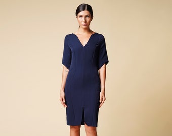 Robe bleue midi à col en V, Robe de travail moderne, Robes de bureau pour femmes avec manches, Robe de travail élégante, Robe décontractée élégante ajustée TAVROVSKA