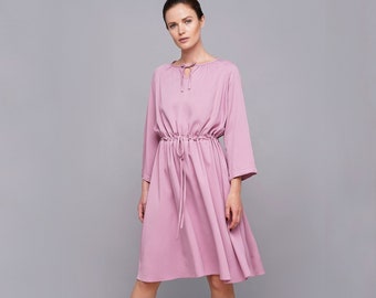 Pink casual summer dress with sleeves, Viscose dress midi, Vacation outfits, Lightweight summer dresses, Cruise wear for women TAVROVSKA