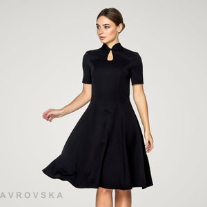 Black mandarin collar dress, Modern qipao fit and flare, A line Cheongsam dress, Professional Dress, Modern office wear for ladies TAVROVSKA