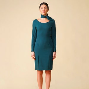 LAST SIZE 02 us (36 eu) / Boat neck dress with scarf, Dresses for women wedding guest, Green midi pencil dress, Cocktail dress TAVROVSKA