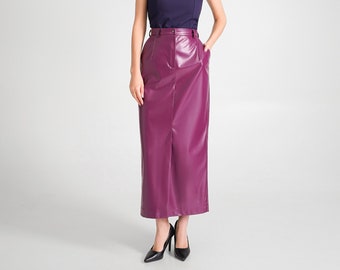 Faux Leather Maxi Skirt Plum, High waist pencil skirt, Vegan leather skirt Purple, Front slit Tailored pencil ankle length skirt TAVROVSKA