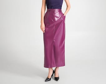 Plum Faux Leather Maxi Skirt, High Waist Pencil Skirt