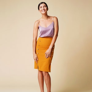 Mustard high waisted pencil skirt, Double button skirt women, Front slit midi skirt, Womens Day & Work Skirts, Midi yellow skirt TAVROVSKA