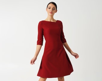 Burgundy dress women, Bordo Modest Cocktail casual dresses for women, Red Midi Bridesmaid Dress Asymmetrical elegant office dress TAVROVSKA