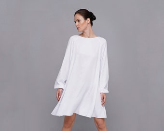 Casual white summer dress, Short summer dresses with sleeves, Loose viscose lightweight vacation dress, White hippie dresses TAVROVSKA