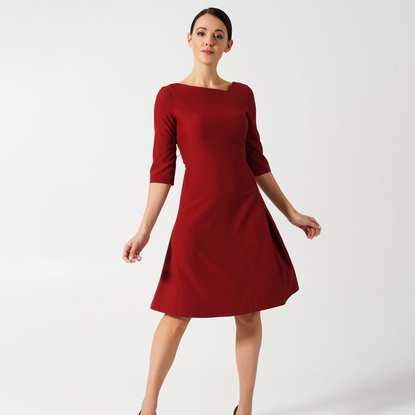 Burgunder Kleid Frauen, Bordo Modest Cocktail lässig Kleider für Frauen, Rotes Midi Brautjungfer Kleid Asymmetrisches elegantes Büro Kleid TAVEROVSKA