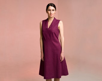 Purple Linen Dress sleeveless, Shawl collar summer dress for wedding guest, Midi dresses for women, Fit and flare dress pockets TAVROVSKA