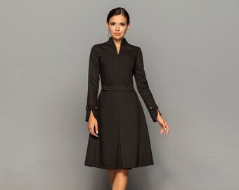 Black high neck midi dress women Long sleeve structured wedding guest dress Cocktail fit and flare dresses for women TAVROVSKA ukraine shops