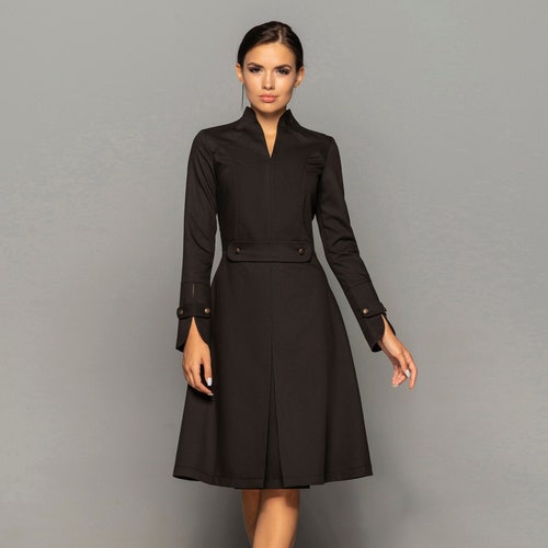 High Neck Midi Dress Women Long Sleeve 