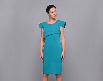 Robe d'été pour invitée de mariage, robe de cocktail turquoise pour invitée de mariage, robe bleu canard, robe midi asymétrique, robes de soirée en ligne TAVROVSKA