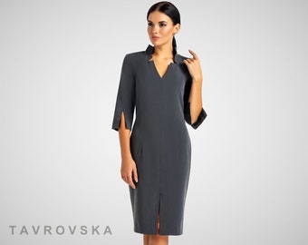 Grijze zakelijke jurk met hoge kraag, werkjurken voor vrouwen