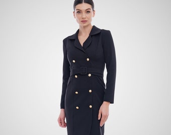 Double breasted blazer dress, Tuxedo dresses for women, Black long sleeve Wedding guest dress fall, Professional dress career TAVROVSKA