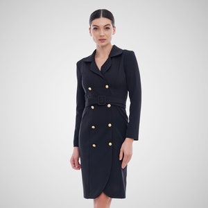 Double breasted blazer dress, Tuxedo dresses for women, Black long sleeve Wedding guest dress fall, Professional dress career TAVROVSKA