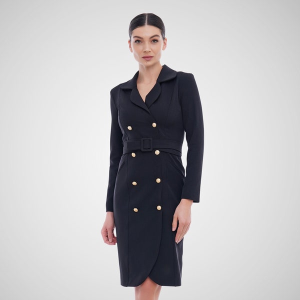 Tuxedo coat dress, Double breasted blazer dresses for women, BLack long sleeve Wedding guest dress TAVROVSKA