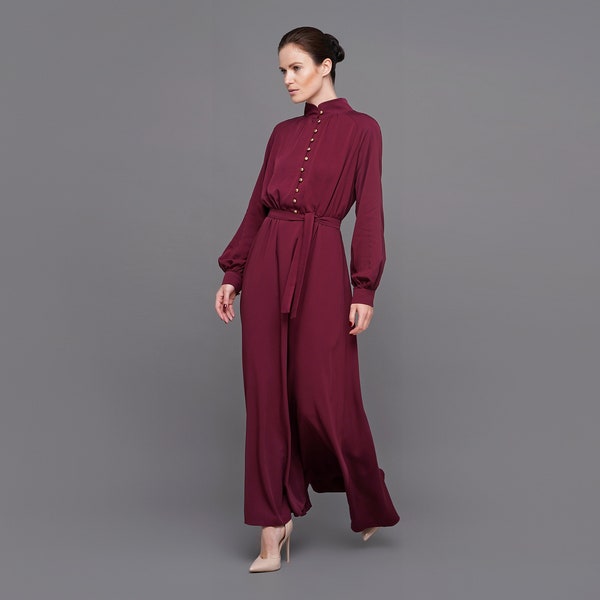 Maxi Wedding guest dress, Cocktail dresses for women, Burgundy berry high neck Fit and flare Dress, Puff Sleeve Maxi TAVROVSKA