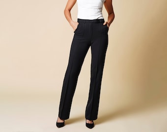 Black Pants Women, High Waist Slacks, Front Crease Cigarette Dress