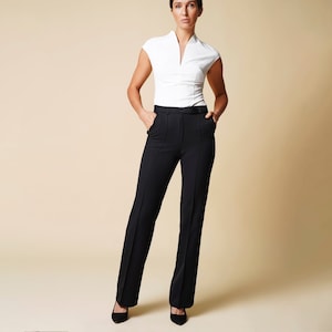 Black Pants Women, High Waist Slacks, Front Crease Cigarette