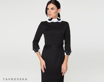 Peter pan collar dress, Black dress white collar and cuffs, Classy dresses, Womens professional clothing, Modern office wear TAVROVSKA