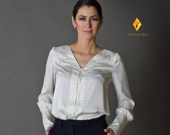 LAST SIZE 02 Us (36 Eu) White long sleeve blouse, Silk womens blouses, Button up secretaty blouse, Satin blouses, Elegant shirt TAVROVSKA