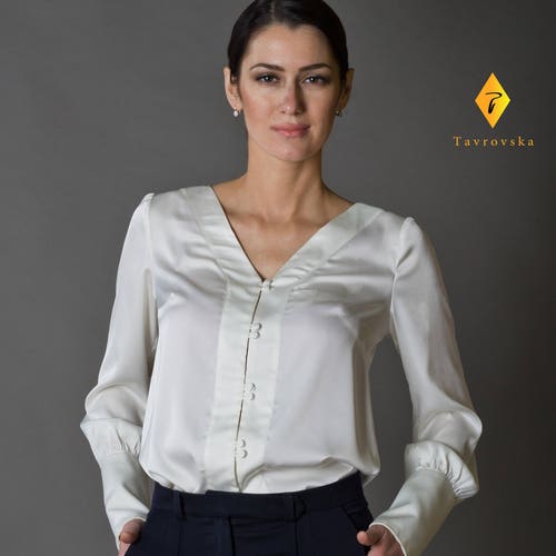 White Long Sleeve Blouse Silk Womens Blouses Button up Etsy