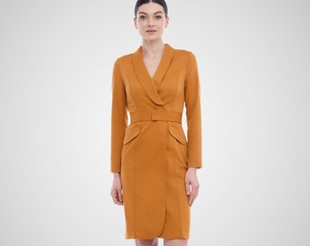 Mustard Tuxedo Dress Fitted Blazer shawl collar Formal Office Wear belted formal outfit Business dress pencil knee length Classic dress