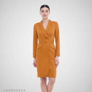 Belted blazer dress, Mustard Tuxedo dress for ladies, Cocktail dresses with sleeves Wedding guest dress, Formal office dress TAVROVSKA