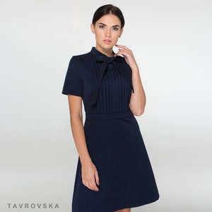 Navy blue tie neck dress, Preppy style dress bow neck, Modest Cocktail dress women, A line dress empire waist, Short sleeve dress  TAVROVSKA