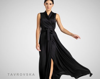 Black wedding guest dress, Maxi wrap cocktail dress, Woman occasion dresses, Shawl collar dress, Long summer cocktail dress satin TAVROVSKA