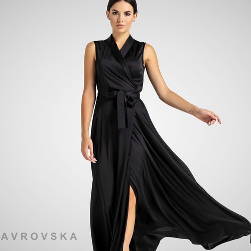 Sleeveless Shawl Collar Wrap Maxi Dress 
