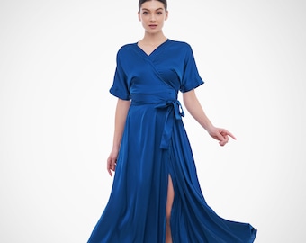 Vestido largo cruzado de satén azul real, vestido vaporoso para invitada de boda, elegante vestido de fiesta de Navidad, vestido largo de noche con mangas kimono y escote en V.