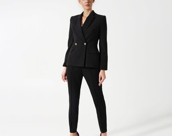 Black pant suit women, Black business suit for ladies, Classic womens tuxedo suit jacket, Double breasted Blazer and pegged pants TAVROVSKA