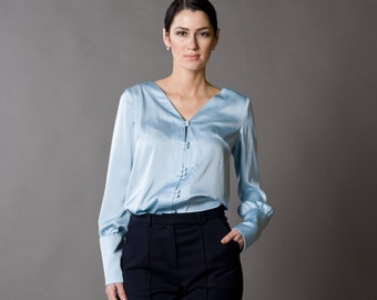 Button up long sleeve satin blouse, Secretaty womens blouses, Elegant silk blouse, Satin blouses woman, Blue retro blouse TAVROVSKA