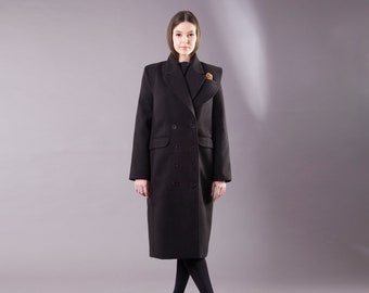 Black Double Breasted Coat, Lapel Collar, Long Midi Coat