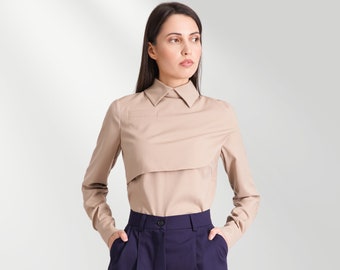 Beige High Neck Blouses For Women, Elegant Blouse Long Sleeve, Collared Blouse For Work, Cape blouse office Modern business attire TAVROVSKA