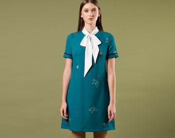 Tie neck midi dress, Bow tie dress with sleeves womens, Casual dress with necktie, Womens collared dress, Emerald green dress TAVROVSKA