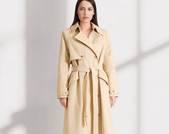 Beige Maxi Cotton Trench Coat, Double-Breasted A-Line Overcoat