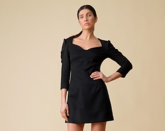 Black cocktail dress women with sweetheart neckline and puffy sleeve, Mini wedding guest dress, Sexy birthday dresses for women TAVROVSKA