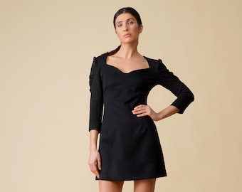 Robe de cocktail noire pour femme avec décolleté en coeur et manches bouffantes, mini robe d'invité de mariage, robes d'anniversaire sexy pour femmes TAVROVSKA