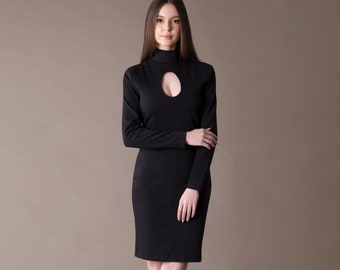 Black cut out turtleneck dress, Long sleeve bodycon mock neck dress, Open front Cut out midi dress, Going out dresses for women TAVROVSKA