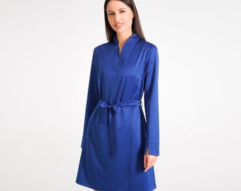 Sapphire blue cocktail dress, High neck dress long sleeve, Wedding guest dresses, Professional dress belted, Modern office attire TAVROVSKA