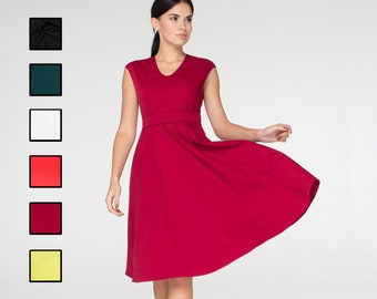 Midi red cocktail dress, Modest Occasion dress, Classy midi dresses, Work party outfits, Wedding guest Dress, Fit and flare dress TAVROVSKA