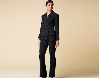 Black Pant Suit Women Cloverleaf Lapel Blazer Hourglass jacket Fitted Viscose Trousers Womens power suit fancy Tuxedo Ladies suit set