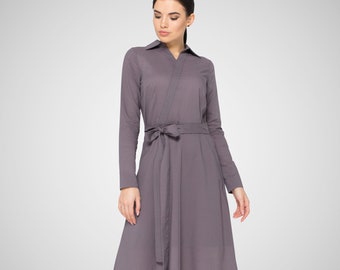Midi long sleeve shirt dress, Gray Cotton collar dresses for women, Modest belted fit and flare casual Dress, Simple dress women TAVROVSKA